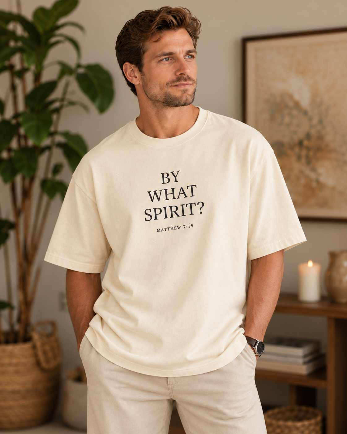 Male model wearing the unisex BY WHAT SPIRIT? Heavyweight Tee in Milk Apricot