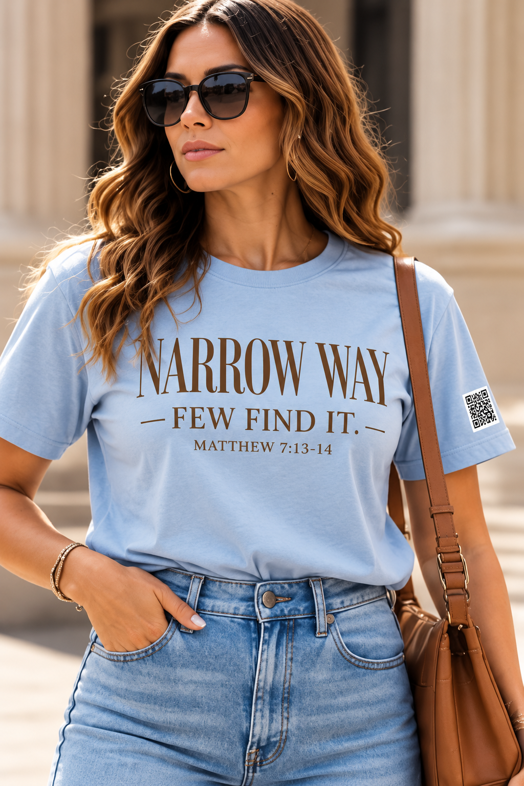 Model wearing ShopShefia NARROW WAY Heavyweight Tee in Light Blue, inspired by Matthew 7:13-14